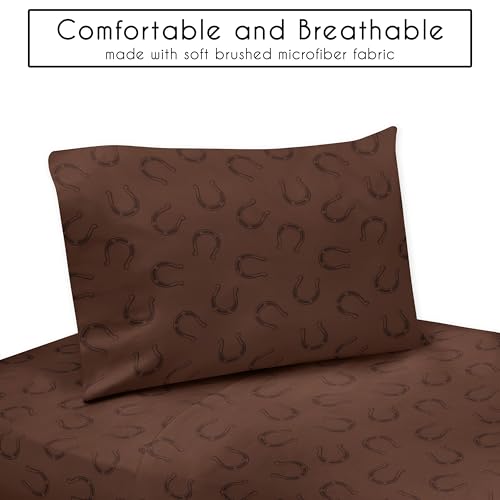Image of Sweet Jojo Designs Brown Western Cowboy Boy Toddler Bedding Set Kids Children 5p Bed in a Bag with Comforter Blanket Pillowcase Sham Sheets Wild West Horseshoe Horse Cow Animal Desert Tan Red and Blue
