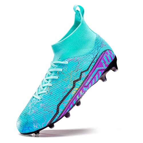 XGHRIAN Soccer Cleats Mens Football Cleats Professional Soccer Shoes High-Tops Lace-Up Non-Slip Spikes for Big Boys Wide Training Sneaker,Gyan,US Men 7 Cyan