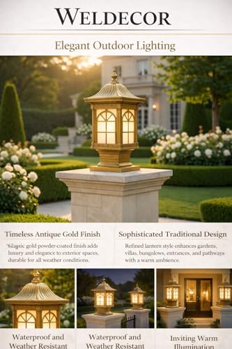 Image of Weldecor Outdoor Gate Pillar Lamp for Home Entrance Waterproof LED Garden Light (E27 Holder LED Bulb Comptaible) Antique Decorative Main Gate Post Lantern for Villa (Style7) (Style2)