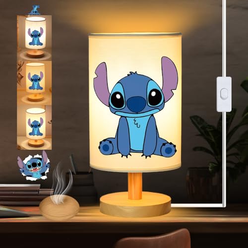 Stitch Bedside Table Lamp for Bedroom, Stitch Gifts - 3 Colors Nightstand Light Lamp, Wood Base Round Flaxen Fabric Shade Desk Reading Lamp for Kids Room, LED Bulb Included, Stitch Stuff Girls Gifts