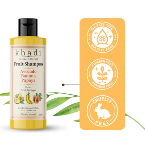 Image of Khadi Natural Avocado, Banana & Papaya Fruit Shampoo | Nourishing & Hydrating Herbal Hair Cleanser | For Women & Men | Sulfate, SLS & Paraben Free Smoothening Shampoo 210 ml