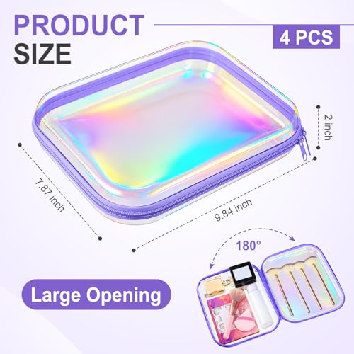 Image of Hoolerry 4 Pcs Hard Clear Zipper Case Makeup Bags Plastic Zipper Pouch Transparent Storage Box Containers for Cosmetics, Snacks, Building Blocks, Puzzles(Clear,9.8 x 7.9 x 2 in,Purple Laser)