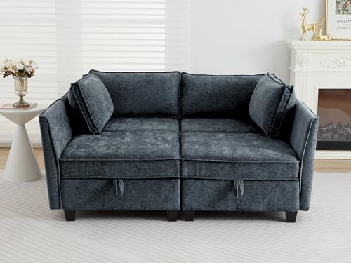 Image of ORRD Sleeper Modular Sectional Sofa Set, Convertible Couch Bed with Storage, 4 Seater and 4 Armrestes Sofa Modular for Living Room, Office (Blue Grey)