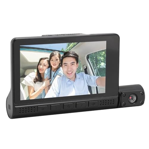 Dash Cam con Tripla Fotocamera 1080P, Touch Screen IPS Ruotabile da 4 Pollici con Rilevamento del Movimento, Registrazione in Loop con Grandangolo di 170°, Anti-vibrazione, per