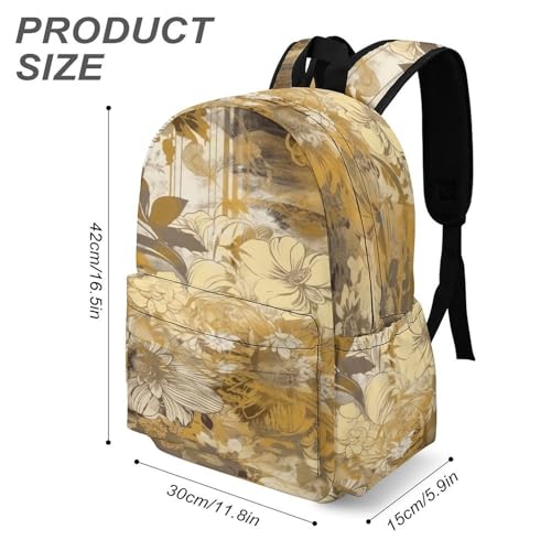 Gold And Beige Flowers Printed Backpack Water-Resistant Pack Stylish Bag Lightweight Travel Backpack3