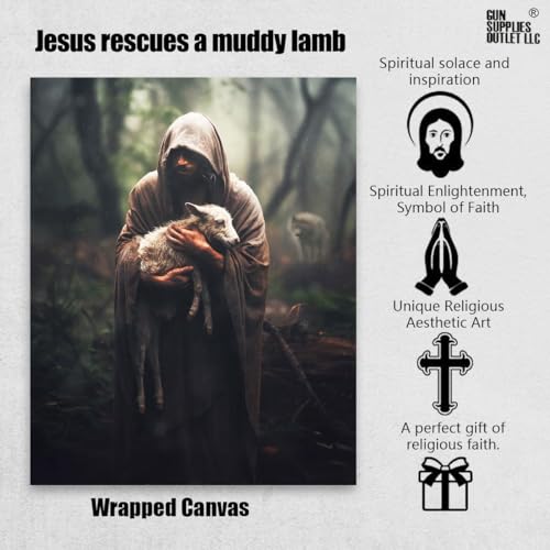 Image of GUN SUPPLIES OUTLET LLC Jesus and Lamb Canvas Wall Art Jesus Rescues A Muddy Lamb Picture Wall Art Christian Home Decor 12x16 inch