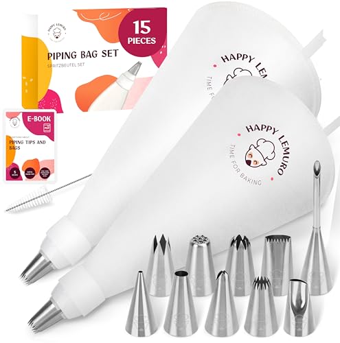 Happy Lemuro - Lot de 15 pièces, 2 poches à douille en coton 35 & 40 cm avec grandes douilles inox - Kit de décoration pâtisserie réutilisable et lavable