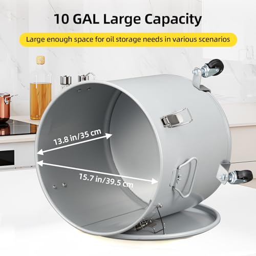 PioneerWorks Fryer Grease Bucket 10 Gal, Coated Carbon Steel Oil Filter Pot with Caster Base, Oil Disposal Caddy, Transport Container with Lid Lock Clip Nylon Filter Bag, Silver