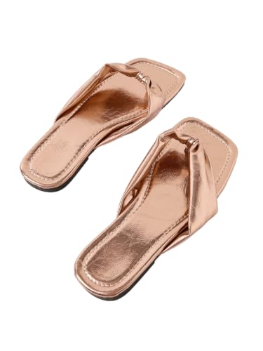 Image of GORGLITTER Women's Gold Flat Sandals Dressy Square Toe Vacation Flip Flops | Gold Sandals, Square Toe Flip Flops, Metallic Leather Sandals, Summer Dressy Fashion, Slides Flat