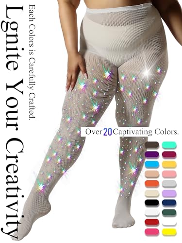 Image of HONENNA Queen Plus Size 10X Strong Rhinestone Fishnet Stockings, Ultra Sparkly High Waist Tights for Women, Party Concert