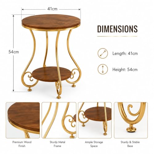 Image of Modern Double-Top Coffee Table with Rustic Farmhouse Accent, Multipurpose Living Room Bedroom, Two-Tier Small Sofa Side Bedside Table with Metal Frame Nightstand (Gold Brown)