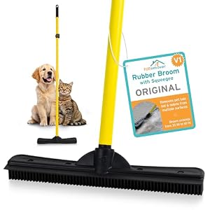 FURemover Original Plus Pet Hair Rubber Broom with Squeegee, with 61″ Telescopic Handle for Carpet, Tile and Hardwood