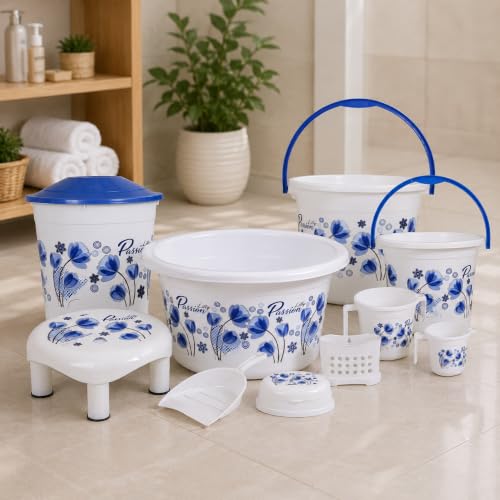 Image of Heavy Duty Virgin Plastic Large Capacity 16 L Bucket, 5 L Bucket, Patla, Deep Tub, Dustbin, 1.5 L Mug, 1 L Mug, Soap Case, Dustpan, Tooth Brush Stand Bathroom Set (White Blue, Queen)