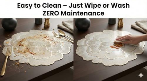 Image of Dining Table Mat and Runner Set for Home Kitchen Reusable Placemat Combo Set for Everyday Dining Use and Table Setup (peral Rose + Modern ractangle Runner, Pack of 9 (8+1))