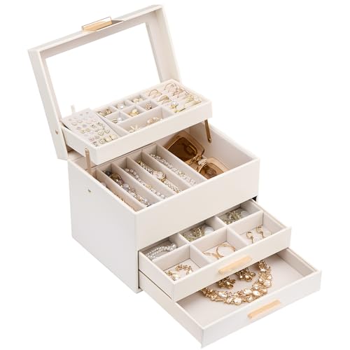 Lolalet Jewelry Box, Clear Window Jewelry Organizer with Drawer for Earrings Bracelets Necklaces Rings, Jewelry Storage for Women -White, 4 Layers White 4 Layers