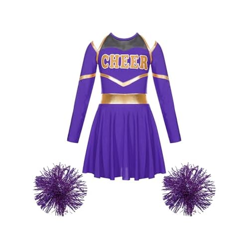 TiaoBug Vestido Animadora con Pompones para Niñas Vestido De Danza Manga Larga Conjunto De Disfraces De Porristas para Fútbol Disfraz Carnaval Fiesta Actuación Morado F 15-16 años