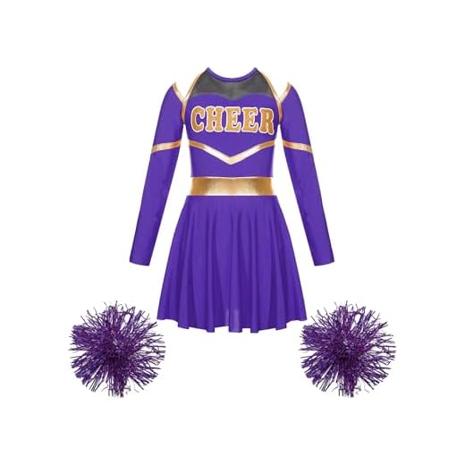 TiaoBug Vestido Animadora con Pompones para Niñas Vestido De Danza Manga Larga Conjunto De Disfraces De Porristas para Fútbol Disfraz Carnaval Fiesta Actuación Morado F 15-16 años