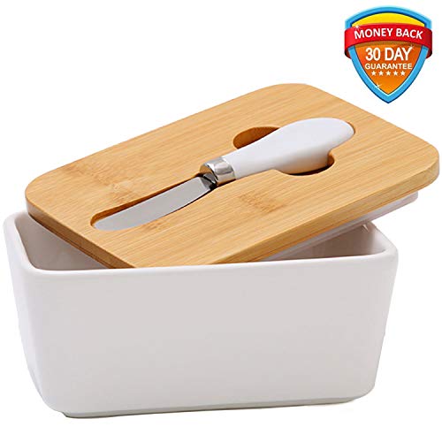 Butter Dish with Knife,Large 650ml Porcelain Butter Keeper with Wood Lid,Airtight White Butter