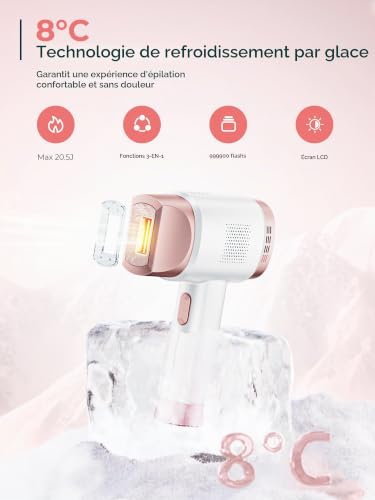 Épilateur Lumière Pulsée 21J avec Système de Refroidissement à 8 °C, 9 Niveaux et Lumière Rouge 600 nm, Écran Tactile LCD, Épilation Laser pour Visage, Bras, Maillot, Corps, Femmes et Hommes, Rose – vue 2