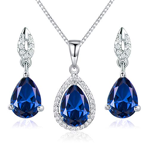 JIANGXIN Teardrop Birthstone 925 Sterling Silver Rhodium Plated Gemstone Jewelry Set for Women Stud Earring Pendant Necklace 16~18inch Italian Box chain