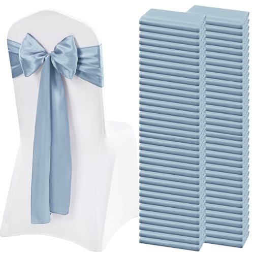 Lykoow 100 Pieces Dusty Blue Satin Chair Sashes for Wedding Reception Party Hotel Home Kitchen Decoration-Dusty Blue