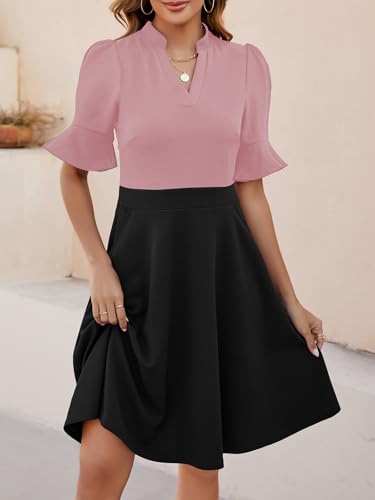 Image of Mokayee Womens Summer V Neck Ruffle Short Sleeve Fit and Flare Knee Length Church Wedding Guest Dresses with Pockets