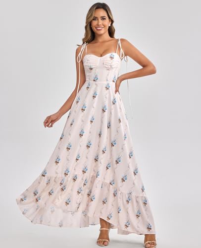 Image of GLNEGE Women's Summer Corset Wedding Guest Maxi Dress Spaghetti Strap Ruffle Formal Dresses Flowy A Line Tea Party Sundress