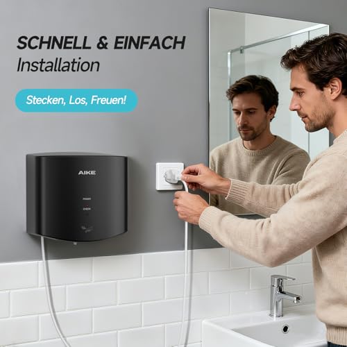 AIKE Air Wiper Kompakt Händetrockner, Hochgeschwindigkeit, 1400W 220V, Stecken & Loslegen, Papierlos & Berührungslos für Öffentliche Toiletten, AK2630S (Schwarz)