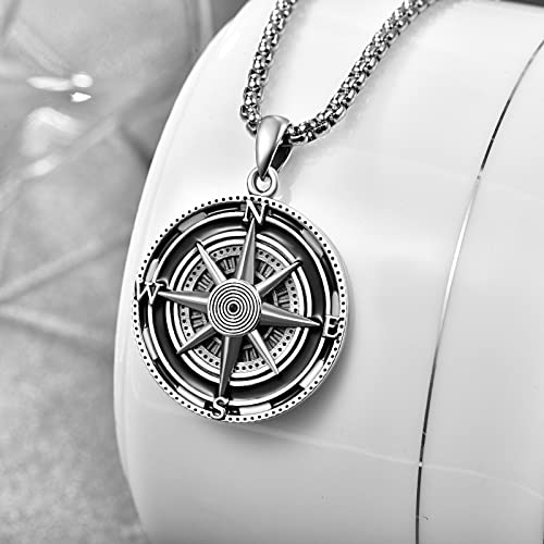 Compass Pendant For Men 925 Sterling Sliver Compass Jewellery Graduation Gift Necklace For Friends, Birthday Anniversary Jewelry Gift Husband Boy With Stainless Steel Pearl Chain 22“+2”Inch(60Cm) #TOP2