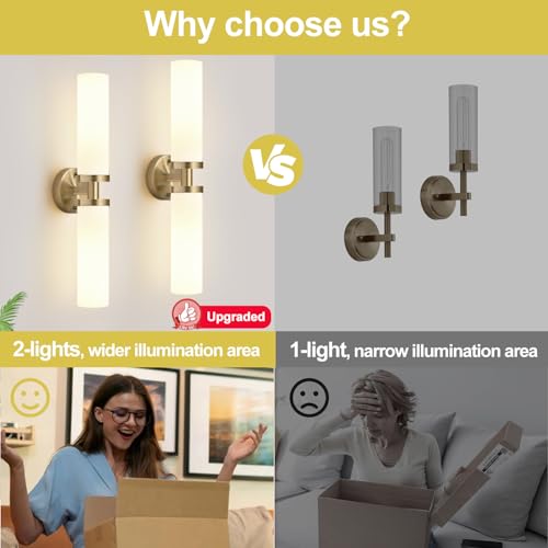 Image of Indoi Wall Sconces Set of Two, Hardwired Brass Bathroom Sconces Wall Lighting with Milky White Glass, Modern Sconces Wall Decor Set of 2 Bathroom Light fixtures for Mirror Living Room Hallway Bedroom