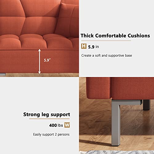 P Purlove Linen Upholstered Modern Sofa Bed With Armrest, Sofa With Adjustable Backrest, Convertible Folding Futon Sofa Bed With Sturdy Metal Legs, For Living Room, Bedroom, Office, Orange #TOP4
