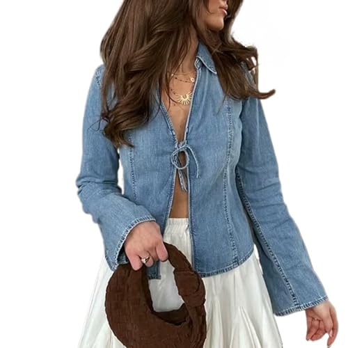 Cropped Jean Jacket Women Tie Front Tops Long Sleeve Bow Top Y2k Denim Blouse Denim Shacket Spring Fashion