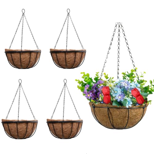 Naisfei 4 cestas colgantes de jardín de 20 cm y forro de coco, macetas colgantes redondas ideales para el crecimiento de plantas y flores, para jardín, porche, balcón, patio, decoración de flores