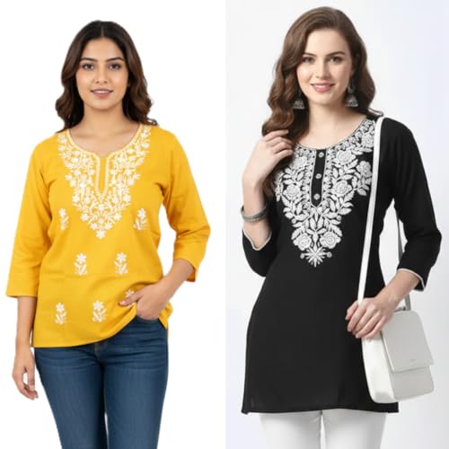 Image of Women's Rayon Kashmiri Embroidered Short Kurti | Stylish and Comfortable Kashmiri Short Kurti Tops for Casual Or Special Occasions | Pack of 2 Combo |