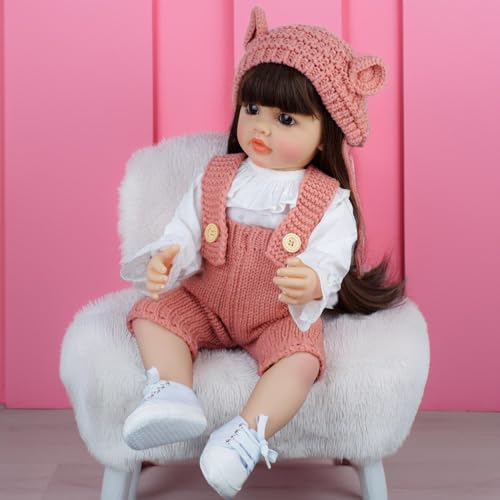 Pinky Lovely 22inch 55cm Reborn Baby Dolls Girl Real Life Full Body Vinyl Newborn Baby Dolls Realistic Looking Brown Long Hair Girl Doll Toy for Ages 3+