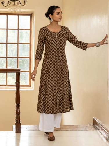 Image of FIORRA Women's Brown Floral Printed Cotton Flared Kurta