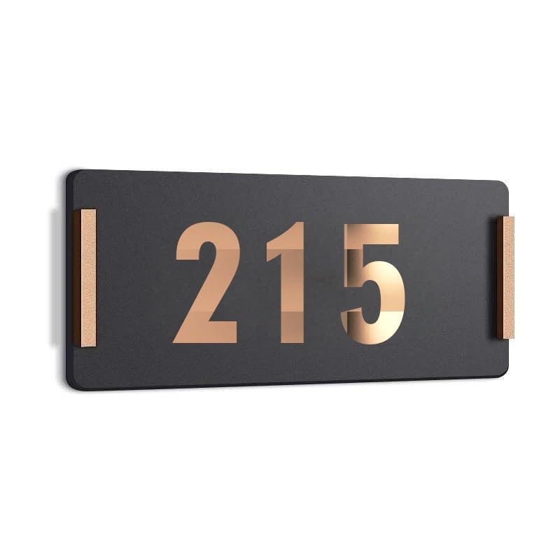 Image of HOTEL ROOM NUMBER PLATES - 215| Black acrylic board fixed mirror gold number | Easy installation type double sided tape fixed on backside