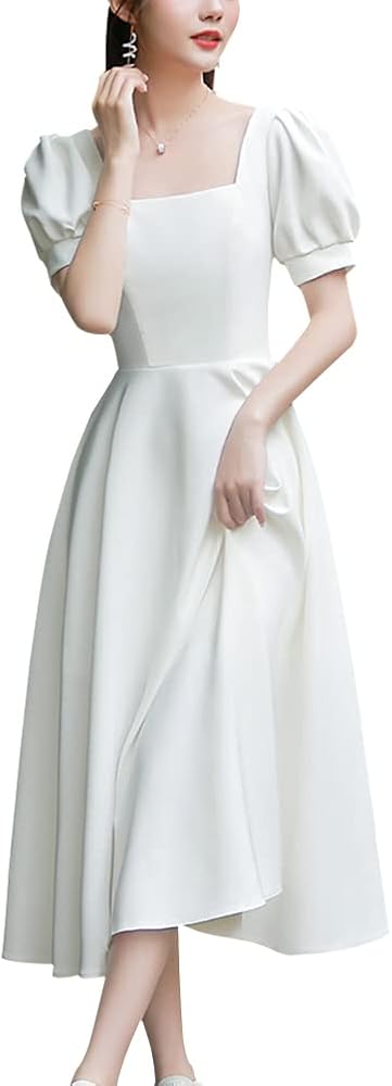 Amazon.com: Women's Vintage Tea Length Dress Plain Puff Sleeve