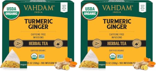Image of VAHDAM Organic Turmeric Ginger Herbal Tea Bags (100 Pyramid Tea Bags) Caffeine Free, Non GMO | 100% Pure Herbal Blend - Savory & Spicy, Plant-Based Teabags | Resealable Ziplock Pouch (Pack of 2)