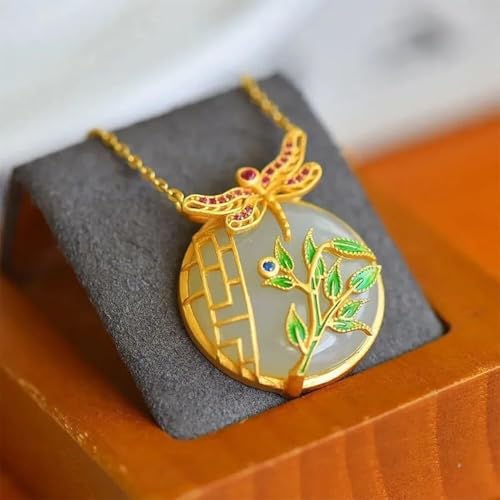 Collier jade hétien et argent plaqué or libellule d'exception - 5