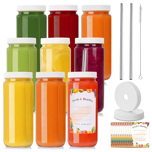 Image of Moretoes 9 Pack 16oz Glass Juice Bottles with Lids, Reusable Glass Juicing Bottles Beverages Drinking Jars with Tamper-proof White Caps
