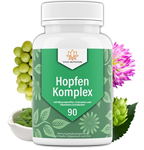 neu: VAVU® 90 Hopfen Kapseln hochdosiert ohne Baldrian - Hopfen-Extrakt Kapseln angereichert mit Zitronenmelisse, Rotklee, Zink, Selen und B12 - 90 hochdosierte Kapseln - natürlich zu 100% vegan Cover