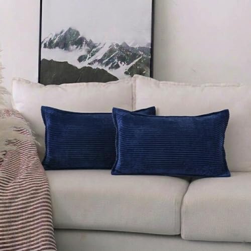 Image of RD TREND Corduroy Cushion Cover Set of 2, Striped Double Sided Decorative Throw Pillowcases for Sofa, Bed & Living Room Rectangular Long Cushion Covers 18x28 inches | Navy Blue