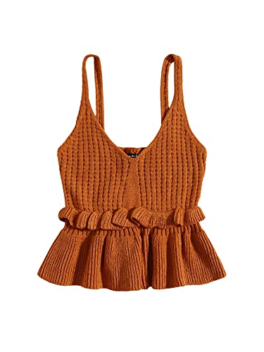 SweatyRocks Women's Casual Spaghetti Strap Ruffle Hem Peplum Cropped Knit Sweater