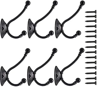 Gerhannery 6 Pack Big Heavy Duty Dual Coat Hooks Wall Mounted Black Coat Hook with 20 Screws Robe Hooks Rustic Utility Hooks for Wall Hanging Coat Towel Hat Cup Key