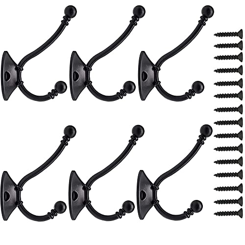 Gerhannery Paquete de 6 ganchos dobles grandes y resistentes para colgar en la pared, ganchos negros con 20 tornillos, ganchos rústicos para colgar en la pared, abrigo, toalla, sombrero y taza Cover