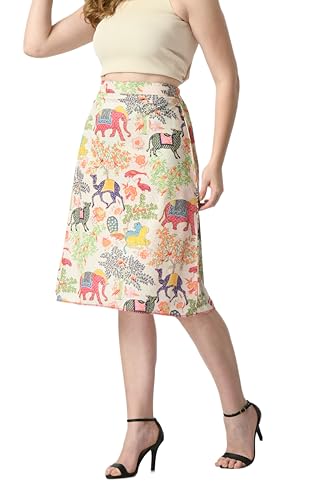 Image of VAGISHA Blooming Below Knee | Middi Printed A-line Skirt for Women's /Girl's |100% Polyblend | Soft & Breathable Fabric | Elastic Band | Casual Wear |M-XXXL|28 inch-36 inch inches