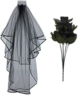 Corpse Bride Black Veil and Black Roses - Halloween Accessories Bride Veil - Halloween Flowers Black Veil Brides Goth Bride Halloween Costume Accessories Zombie Bride Veil Halloween Bride Accessories