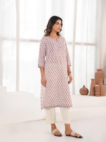 Image of GOODHAND Pure Cotton Floral Printed Long Kurta for Women | Straight Fit Ethnic Kurta | Round Neck 3 /4 Sleeve Kurta
