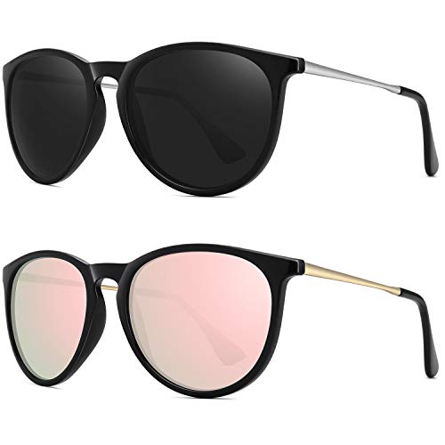 WOWSUN Polarized Sunglasses for Women Vintage Retro Round Mirrored Lens 2 PACK Black